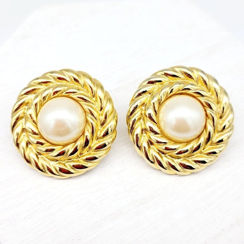 Vintage Givenchy Faux Pearl Button Earrings Post Back Polished Gold Tone Couture